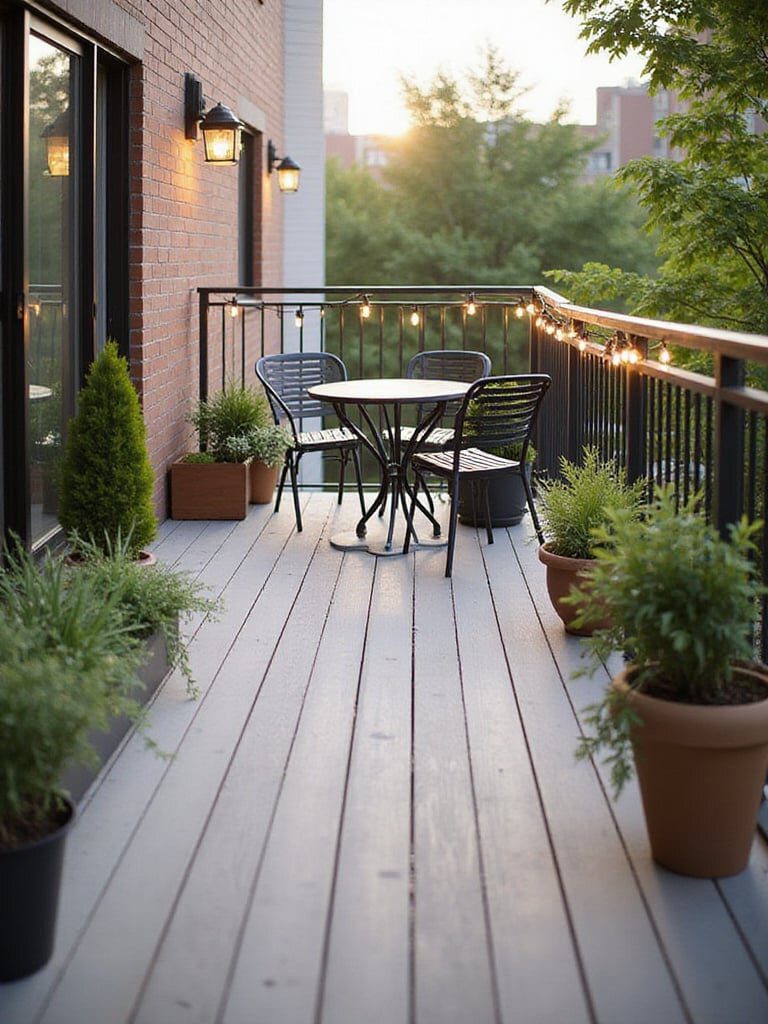 20 Luxurious Ideas for Your Outdoor Oasis 9 Small balcony transformed with composite decking, potted plants, and string lights.