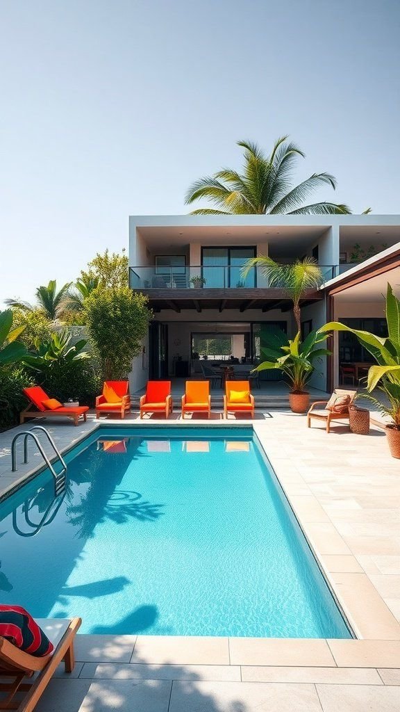 Stylish rectangular swimming pool surrounded by vibrant orange lounge chairs and lush greenery.