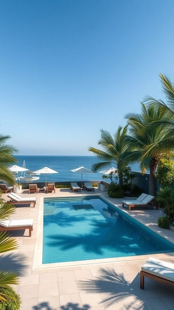 A serene rectangular swimming pool surrounded by palm trees and lounge chairs, overlooking the ocean.