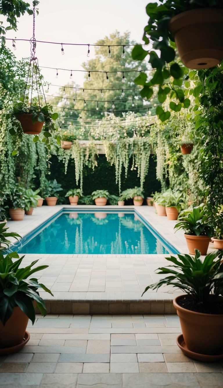 17 Creative Decorating Ideas 18 A pool deck surrounded by lush greenery, with potted plants and hanging vines creating a tranquil and serene setting