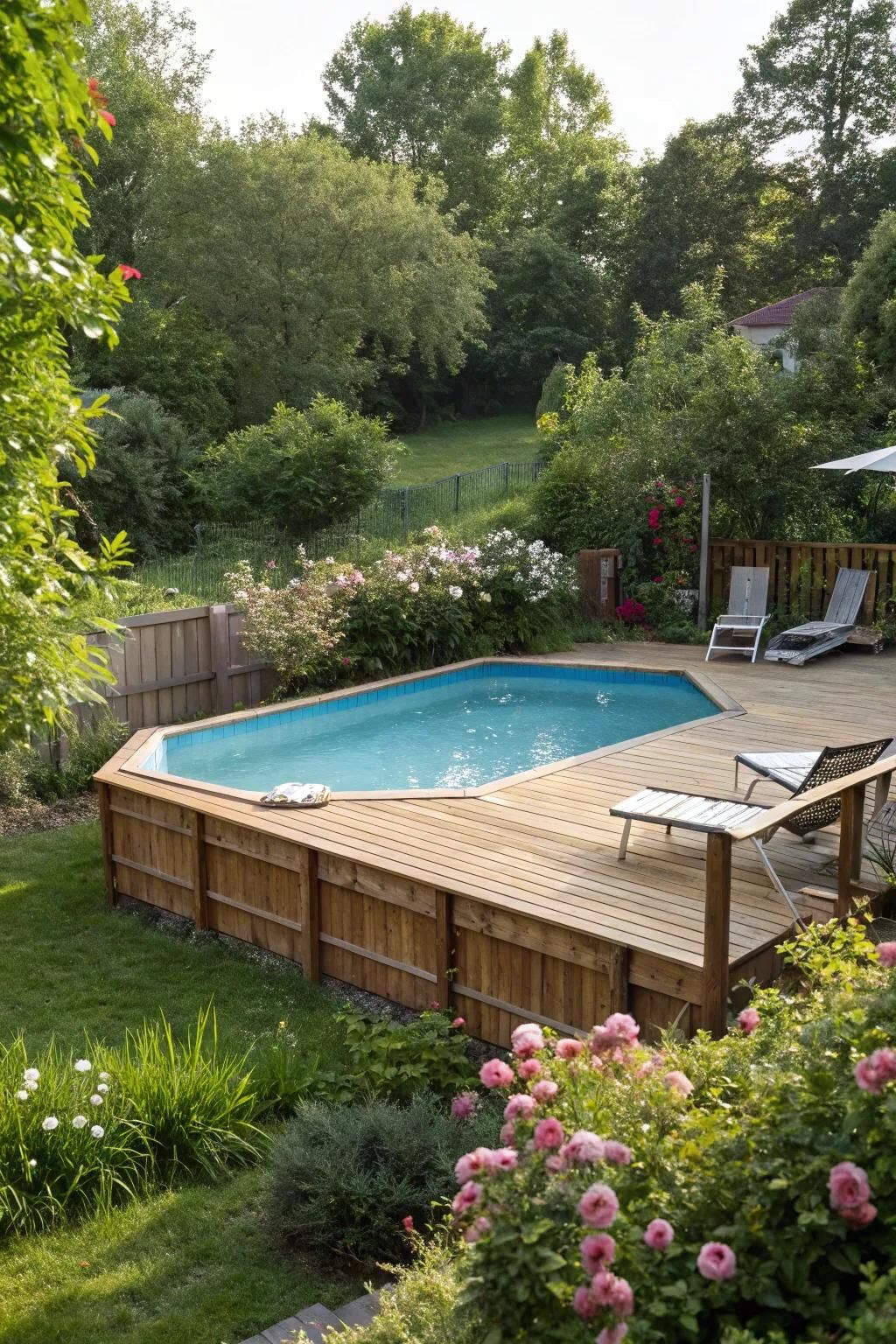 A classic wooden deck can harmonize with natural surroundings and elevate your pool area.