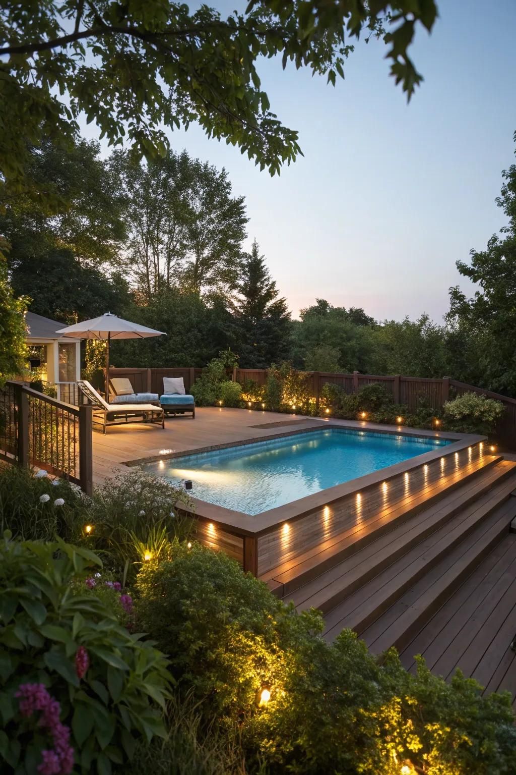 Built-in lighting transforms your pool area into an evening oasis.