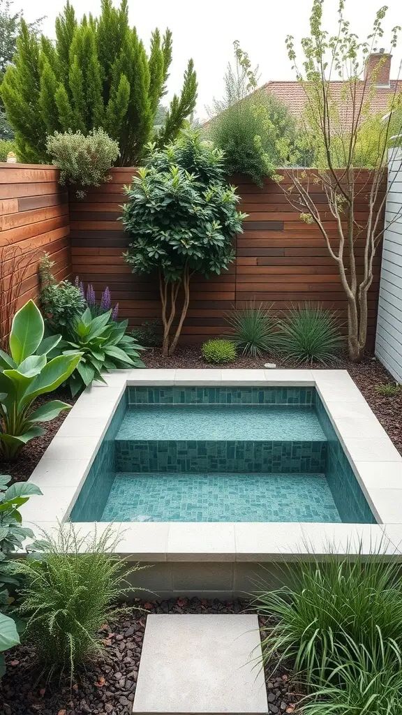 A small, square plunge pool surrounded by green plants and a wooden fence in a modern backyard setting.