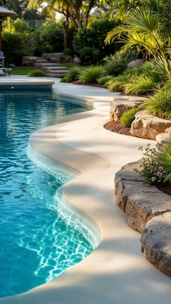 A scenic pool area with gentle curves and surrounding greenery.