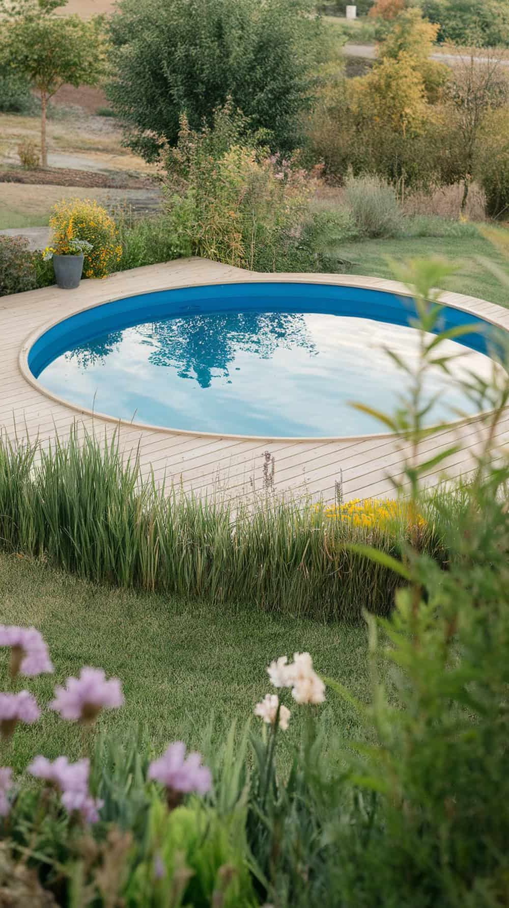 Above-ground pool with wooden deck and surrounding greenery