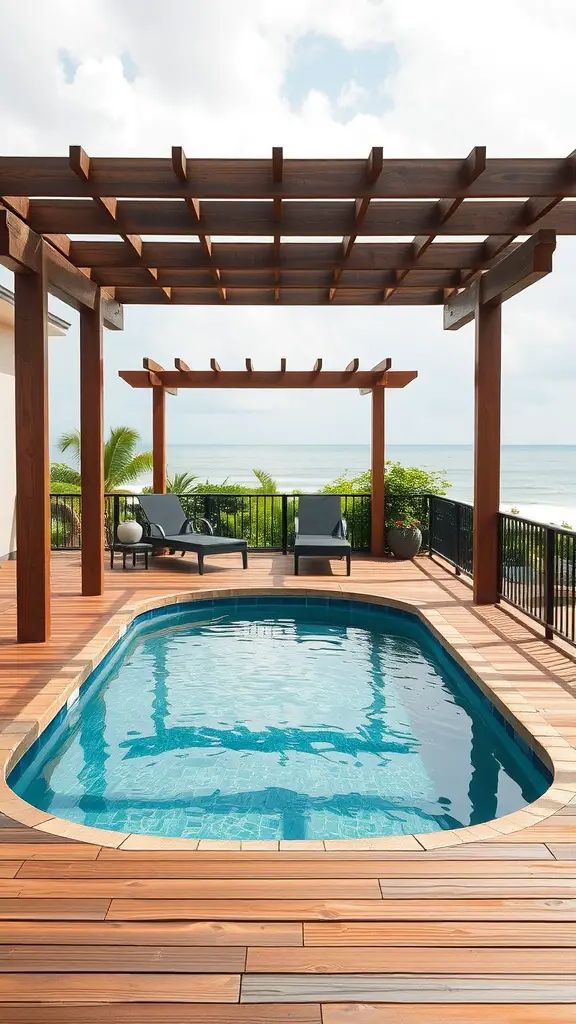 A small swimming pool surrounded by a wooden deck and pergola, with two lounge chairs nearby, overlooks a scenic ocean view under a partly cloudy sky.