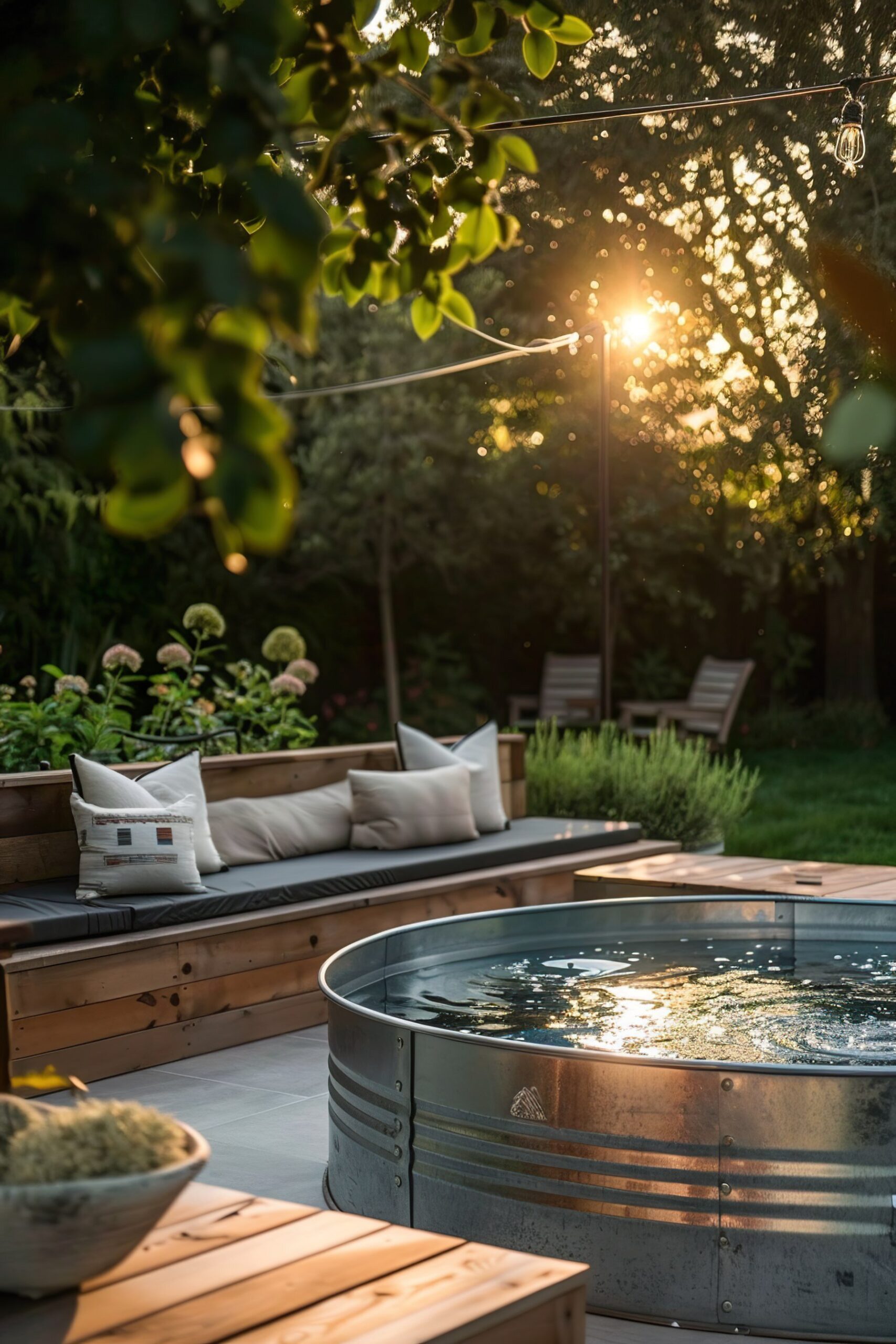 10 Dreamy Stock Tank Pool Bench Ideas 77 Alt text: Evening sun flares through trees above a cozy backyard with a round metal hot tub, string lights, wooden seating, and lush greenery.