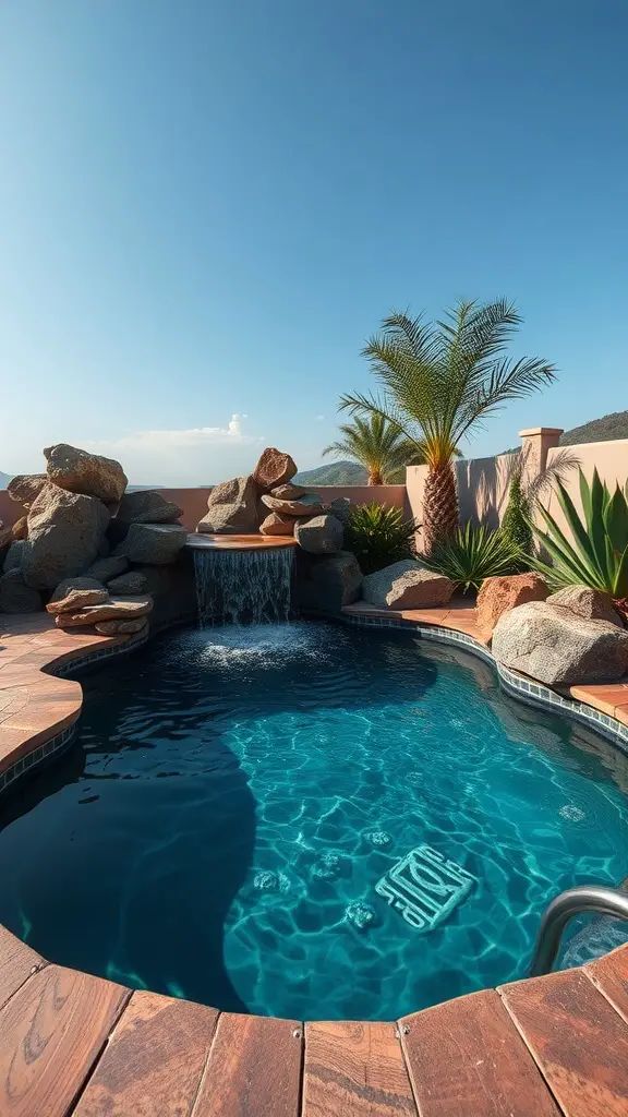 A small, round swimming pool with clear blue water, surrounded by a wooden deck and stone landscaping. A waterfall features on one side, and palm trees add a tropical touch to the setting.