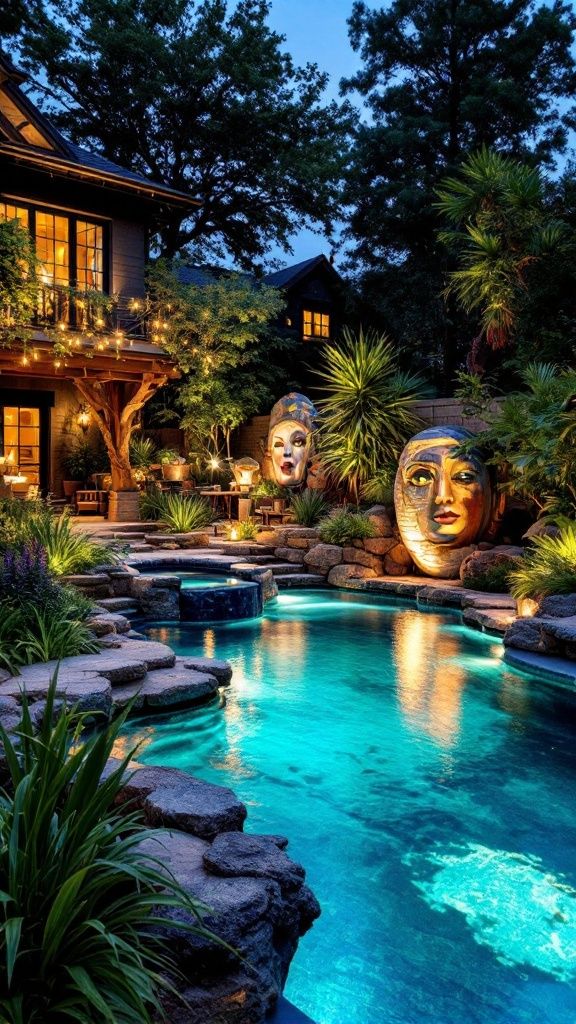 A beautifully lit backyard with artistic sculpture faces near the pool surrounded by lush greenery.