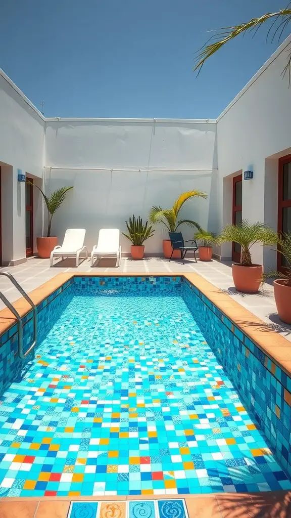 A small rectangular swimming pool with colorful mosaic tiles, surrounded by white walls and palm plants in pots. Two white lounge chairs are at the far end under a clear blue sky.