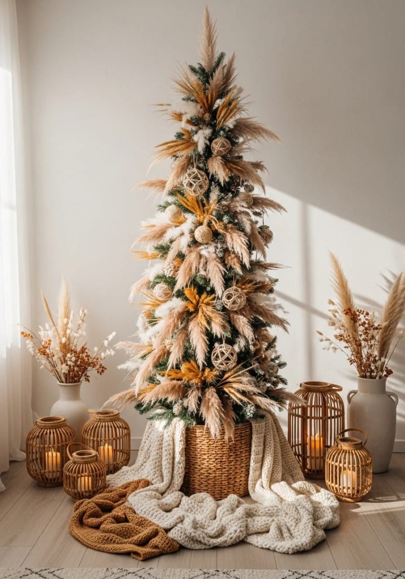 boho tree decorated with pampas grass, wheat, and natural twine 1