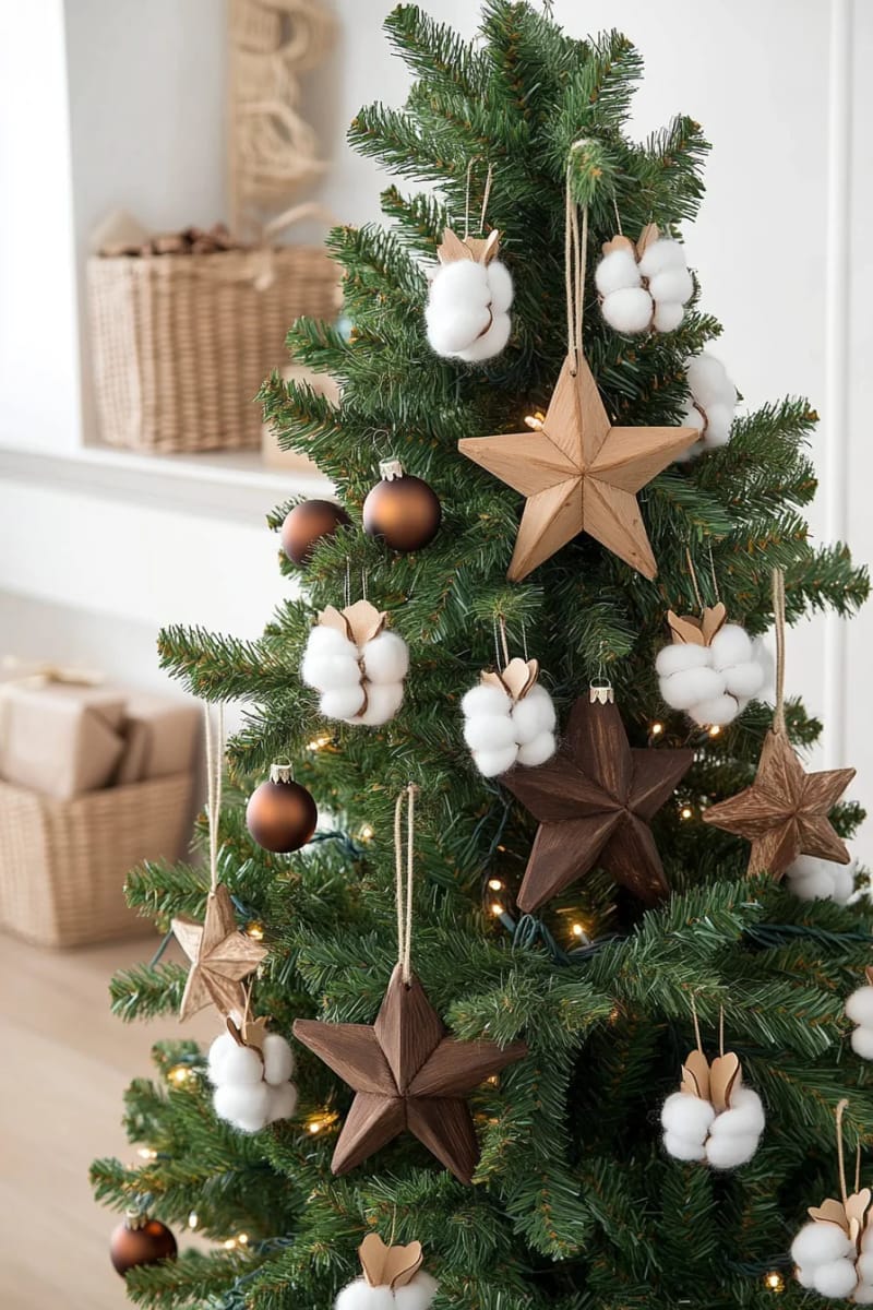 farmhouse style with wood bead garland, cotton stems, and rustic stars 1