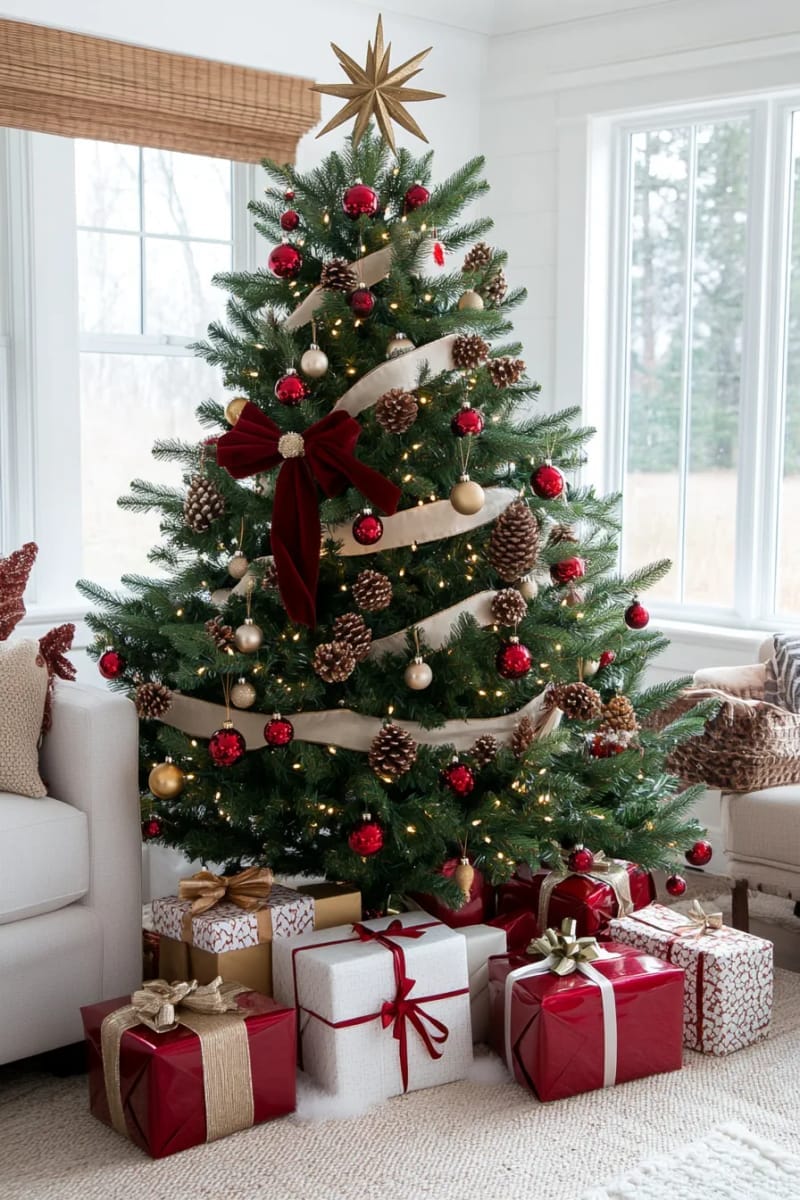 traditional tree decked with velvet ribbon, cranberry garland, and gold pinecones 1