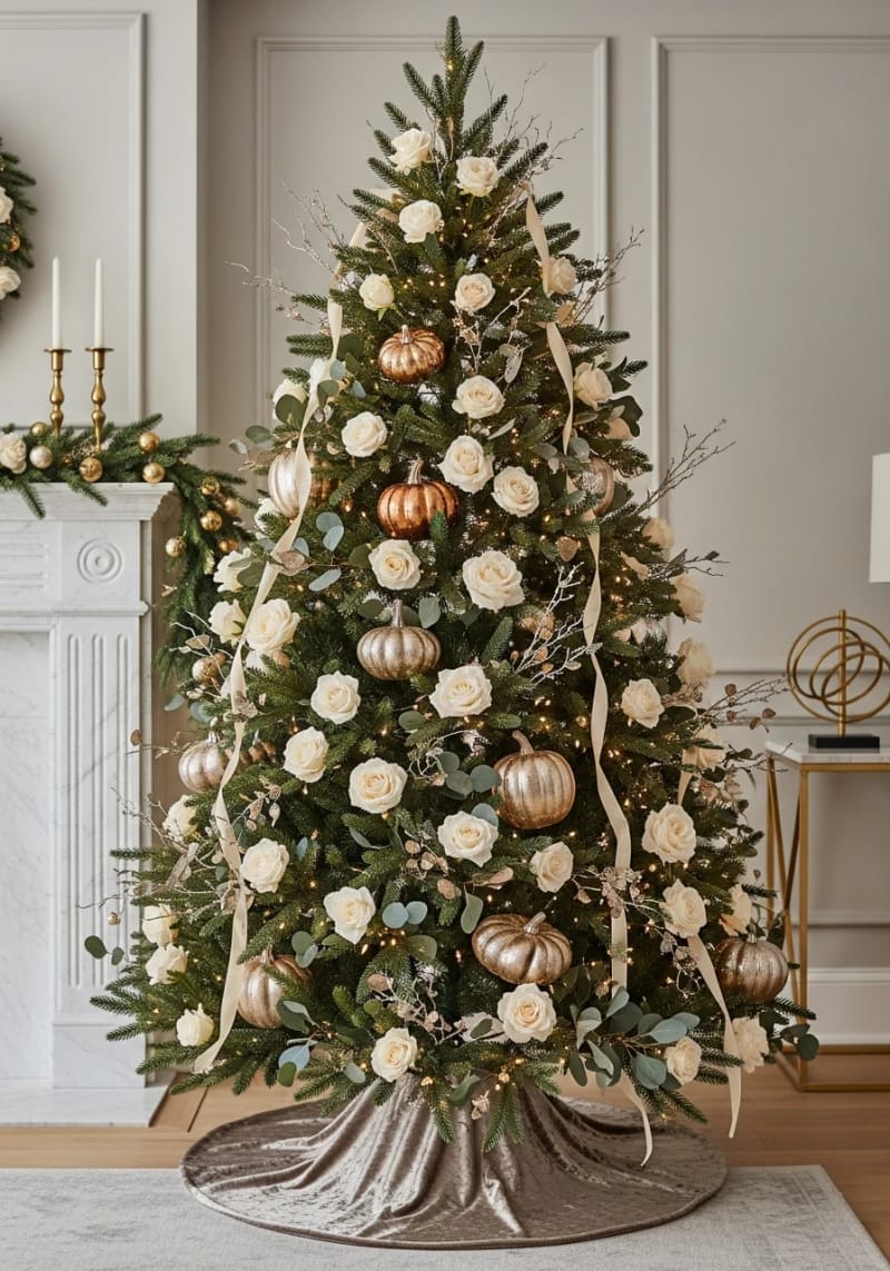 elegant tree with cream roses, metallic pumpkins, and twinkling lights 1