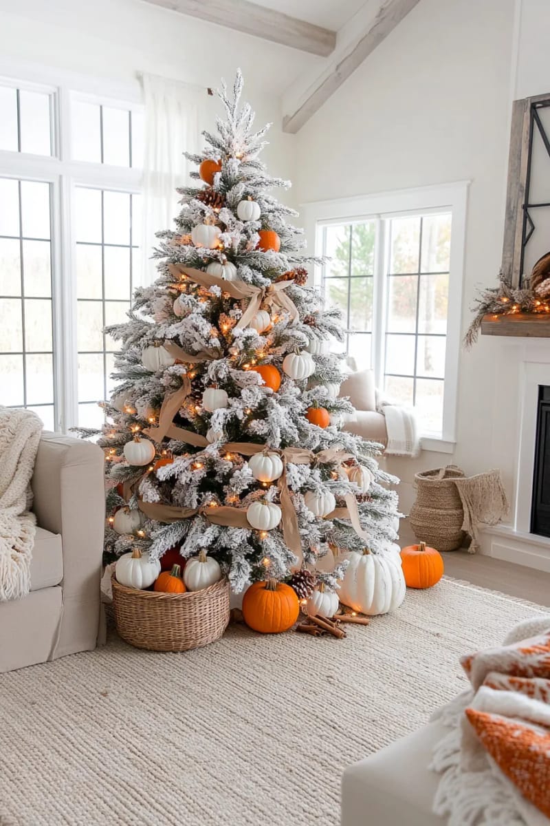 flocked tree with cinnamon sticks, pinecones, and mini pumpkins 1