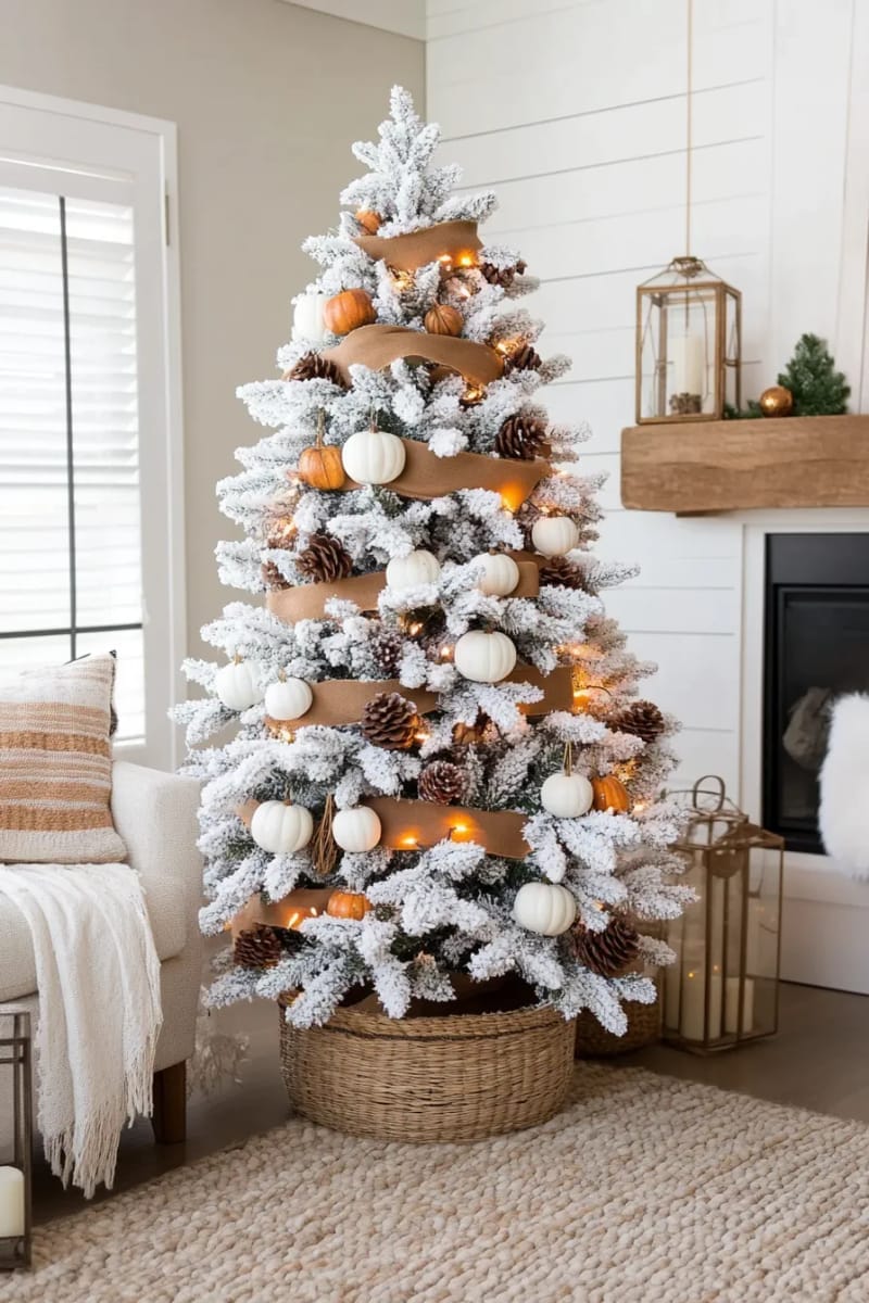 flocked tree with cinnamon sticks, pinecones, and mini pumpkins 1