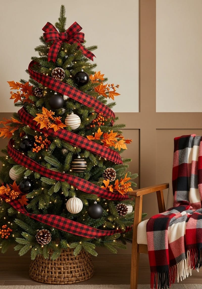buffalo plaid ribbon intertwined with burnt orange leaves and berries 1