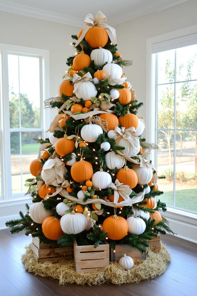 pumpkin patch themed tree with felt pumpkins and burlap bows 1