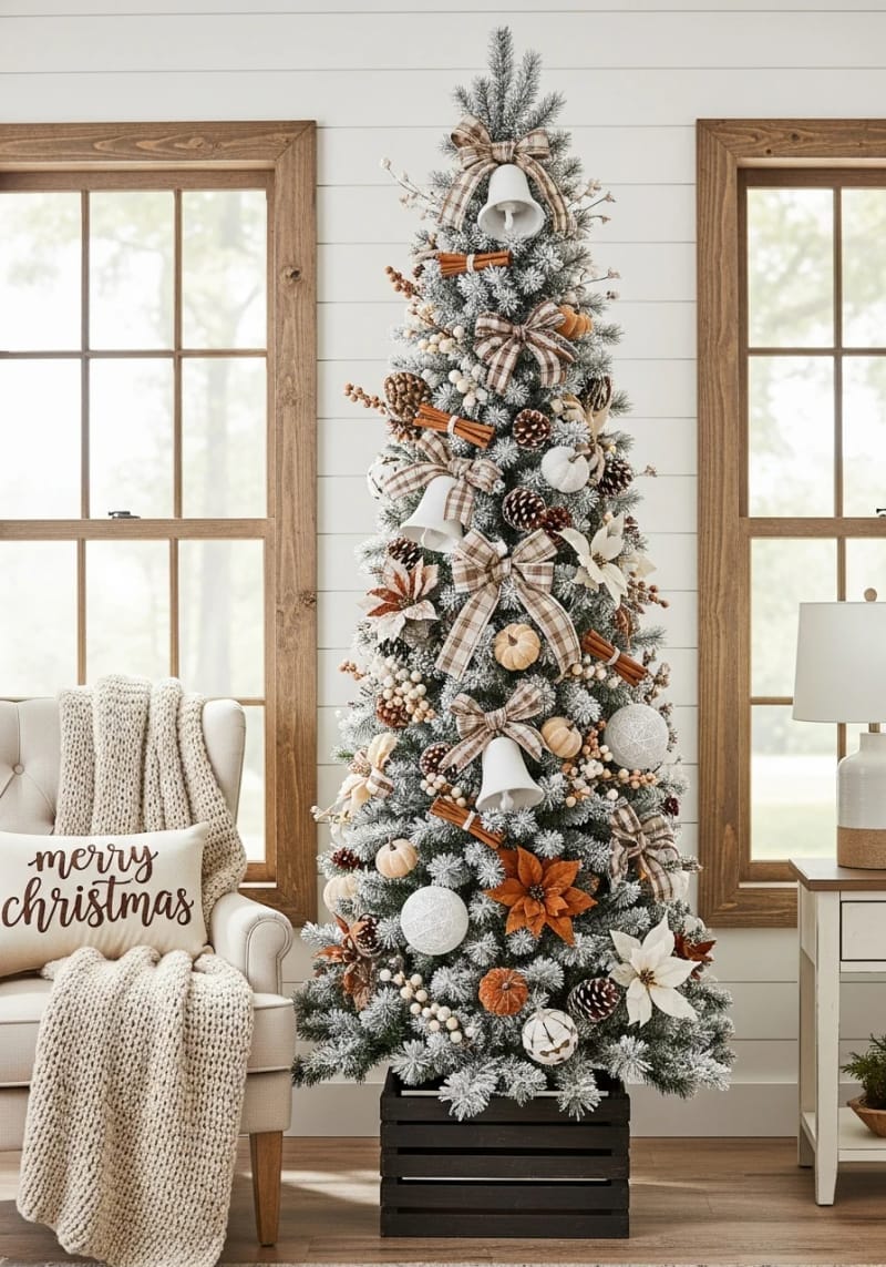 flocked tree with cinnamon sticks, pinecones, and mini pumpkins 1