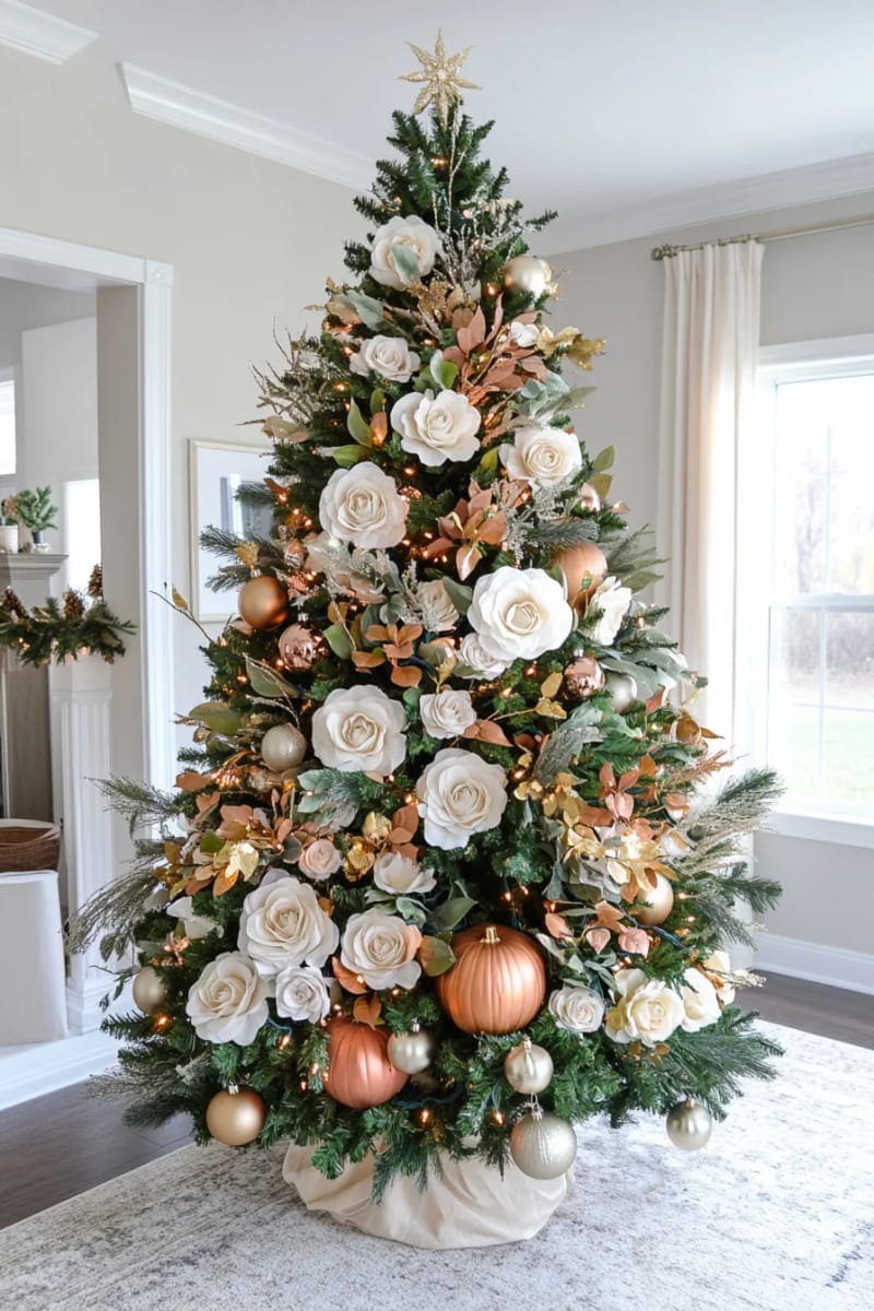 elegant tree with cream roses, metallic pumpkins, and twinkling lights 1