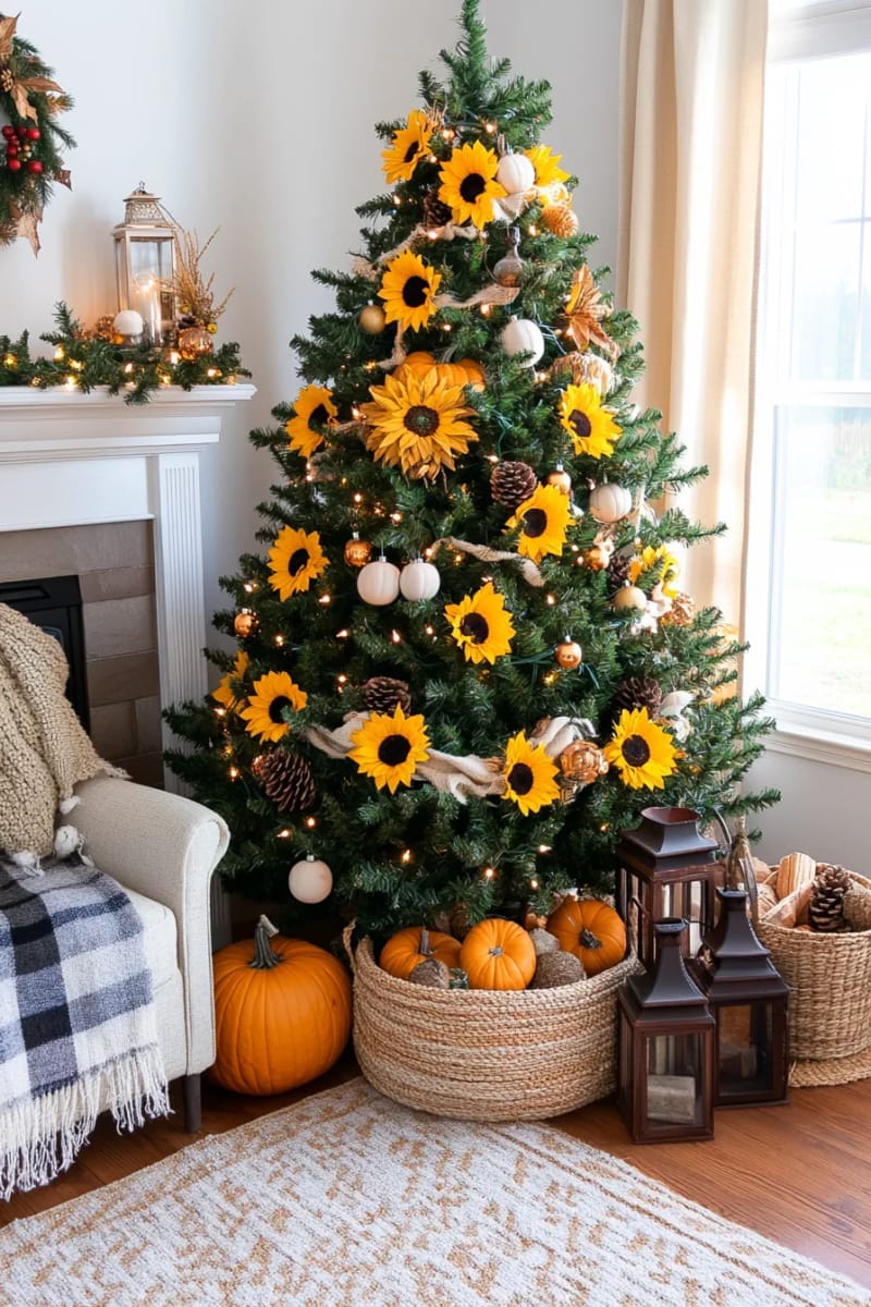 sunflower and pumpkin garland wrapped around a classic christmas tree 1