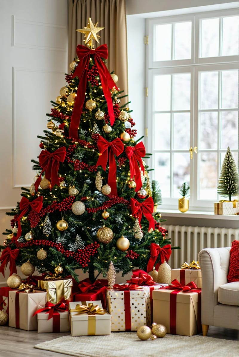 traditional tree decked with velvet ribbon, cranberry garland, and gold pinecones 1