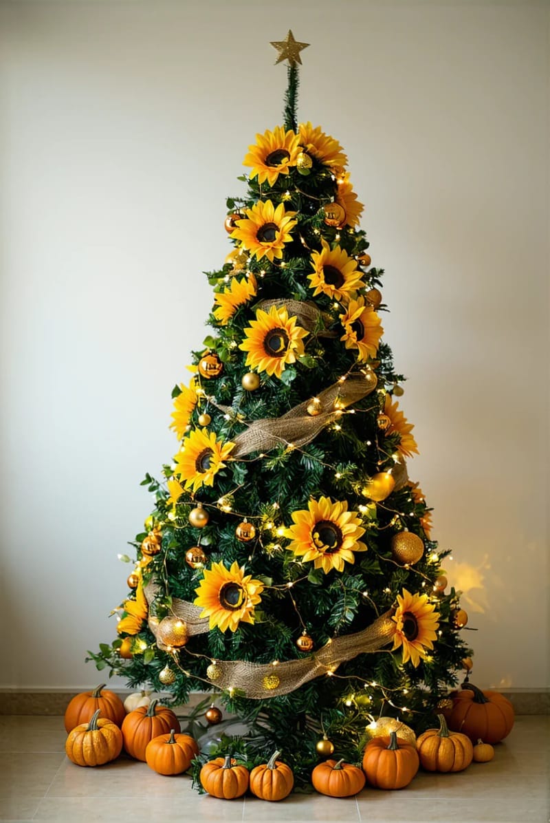 sunflower and pumpkin garland wrapped around a classic christmas tree 1