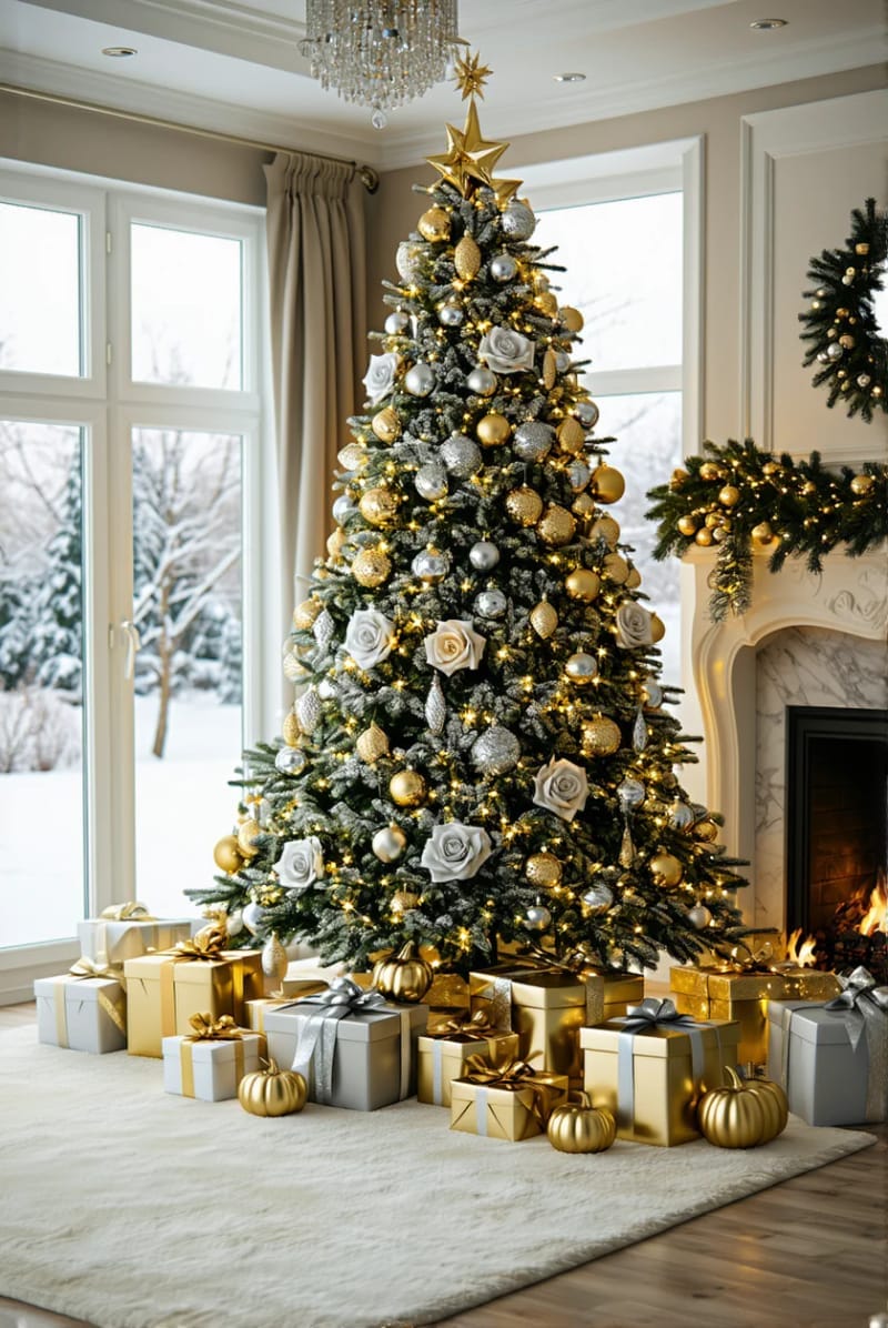 elegant tree with cream roses, metallic pumpkins, and twinkling lights 1