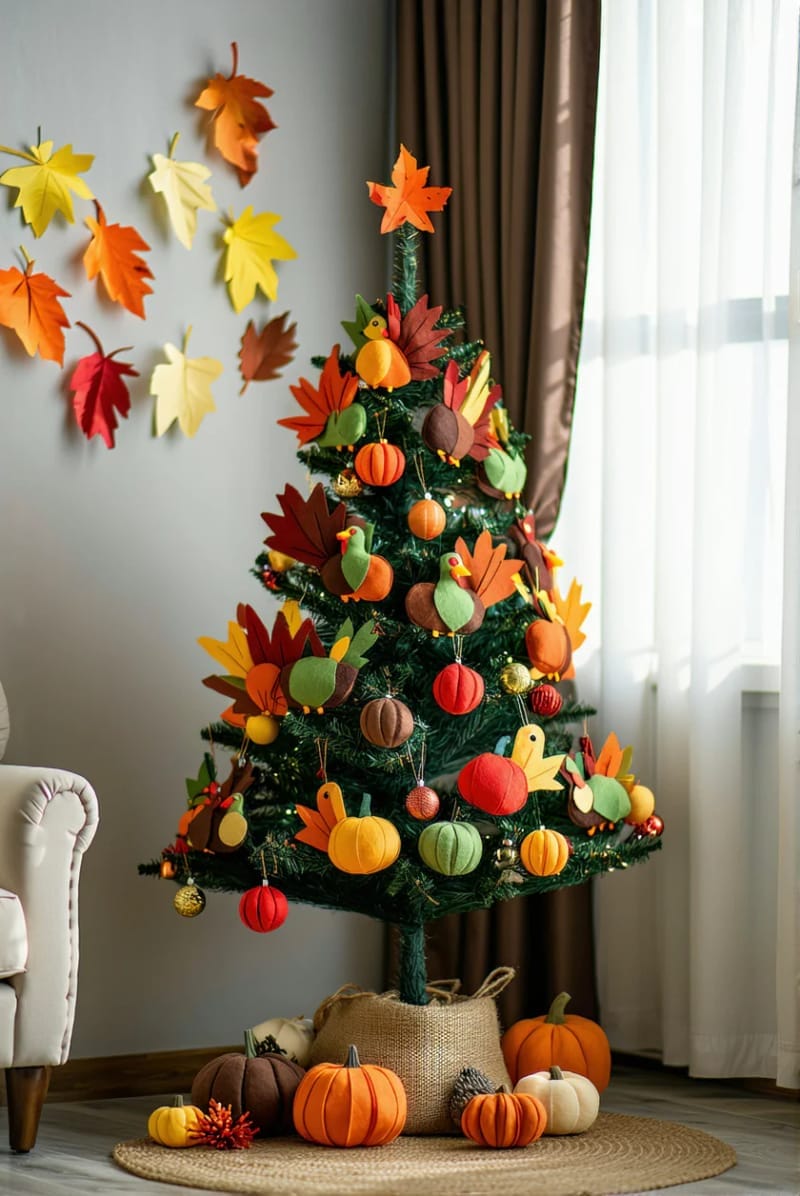 kids’ tree featuring felt turkeys, mini gourds, and leaf cutouts 1
