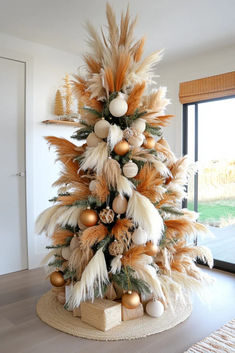 boho tree decorated with pampas grass, wheat, and natural twine 1
