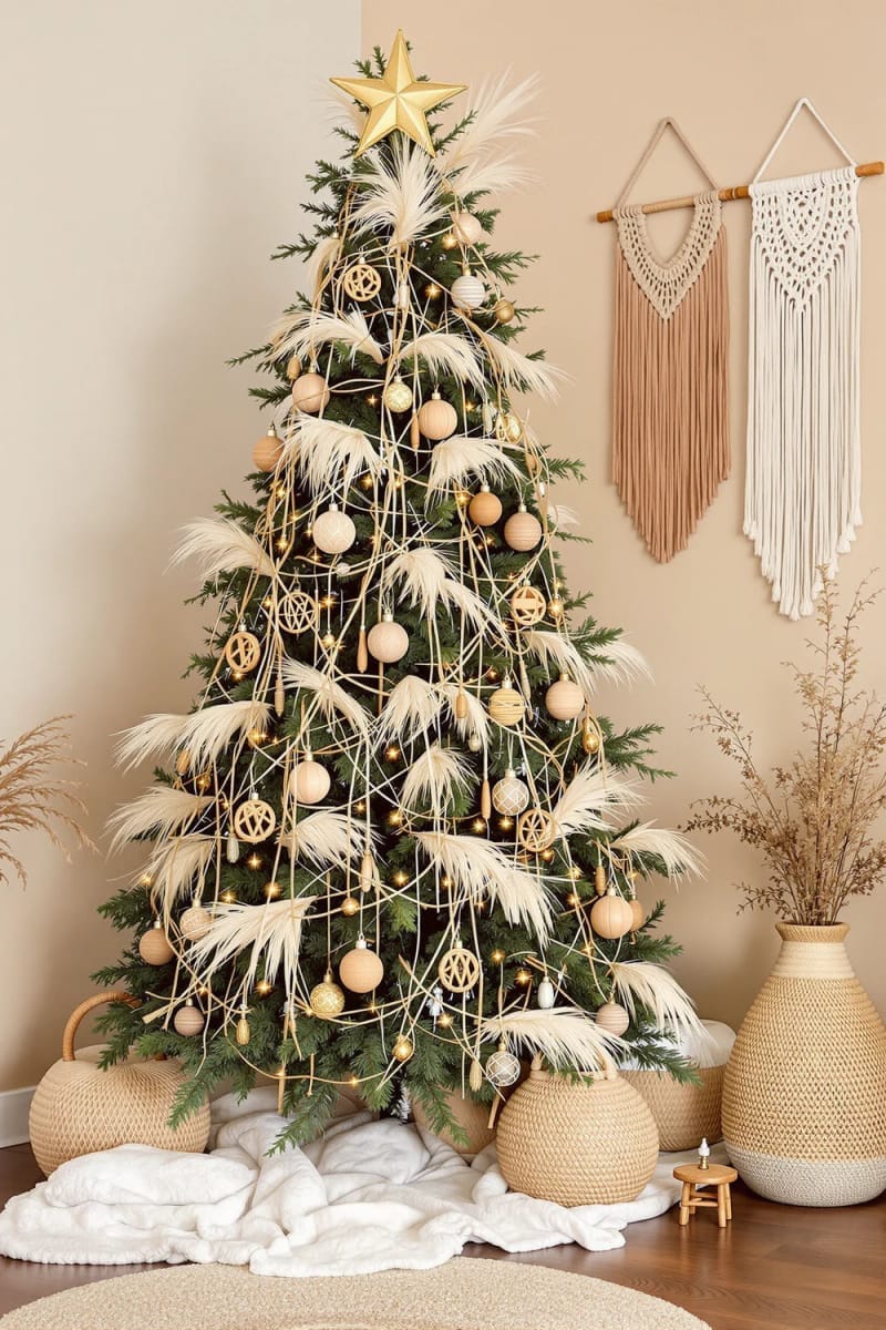 boho tree decorated with pampas grass, wheat, and natural twine 1