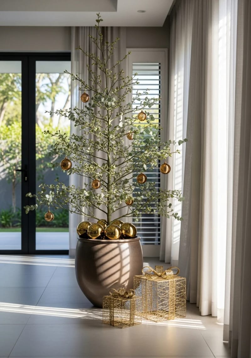 modern minimalist tree with amber glass ornaments and eucalyptus sprigs 1