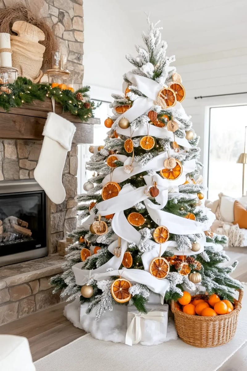 white christmas tree with gold acorns and dried orange slices 1
