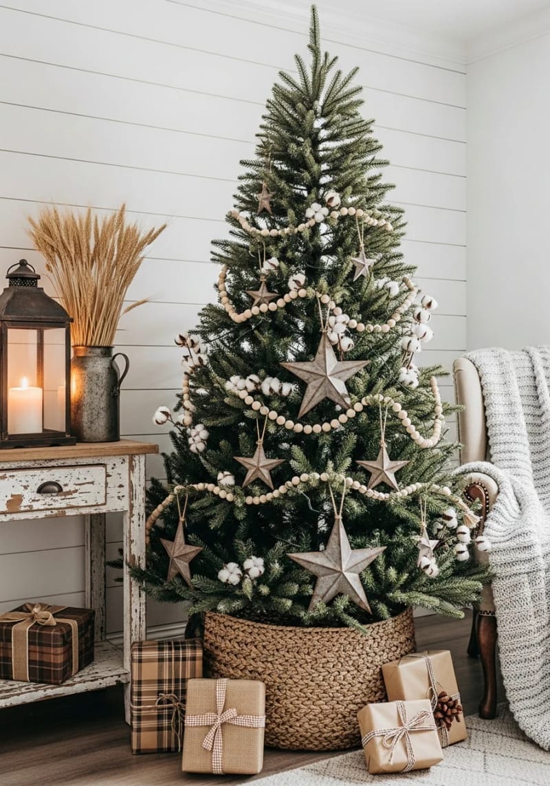 farmhouse style with wood bead garland, cotton stems, and rustic stars 1