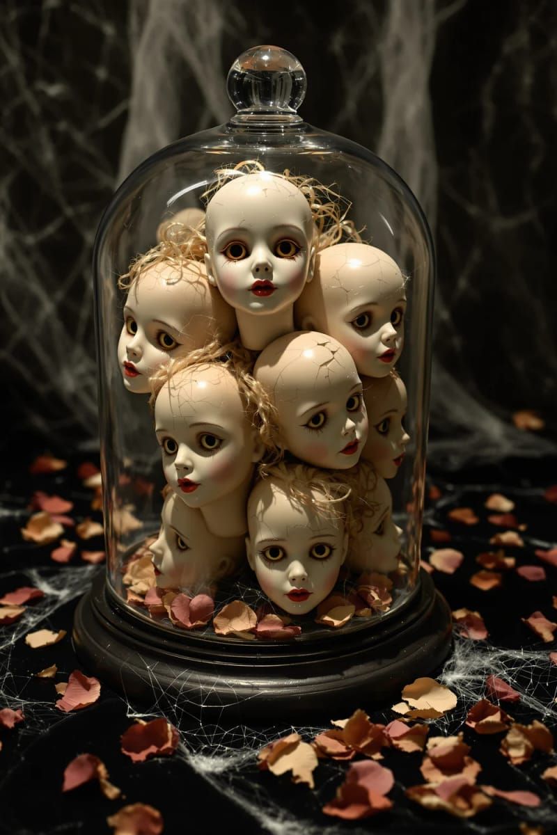 21 Spooky Hacks for Unique Halloween Home Decorations Ideas 19 creepy doll heads arranged in a glass display dome centerpiece 1