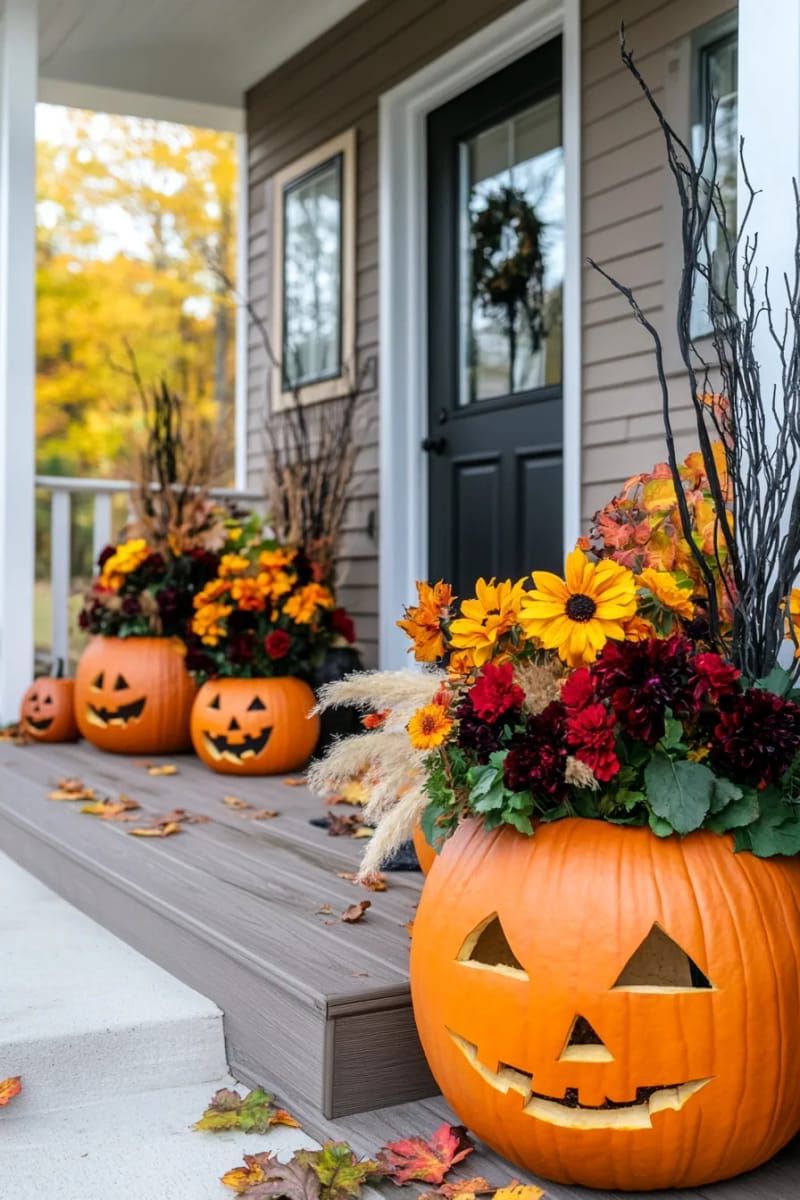 21 Spooky Hacks for Unique Halloween Home Decorations Ideas 16 pumpkin planters overflowing with cascading autumn florals and black branches 1