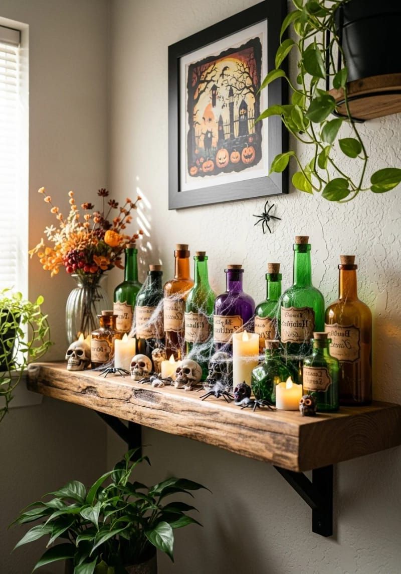 21 Spooky Hacks for Unique Halloween Home Decorations Ideas 31 potion bottle shelf with mysterious labels and flickering candles 1
