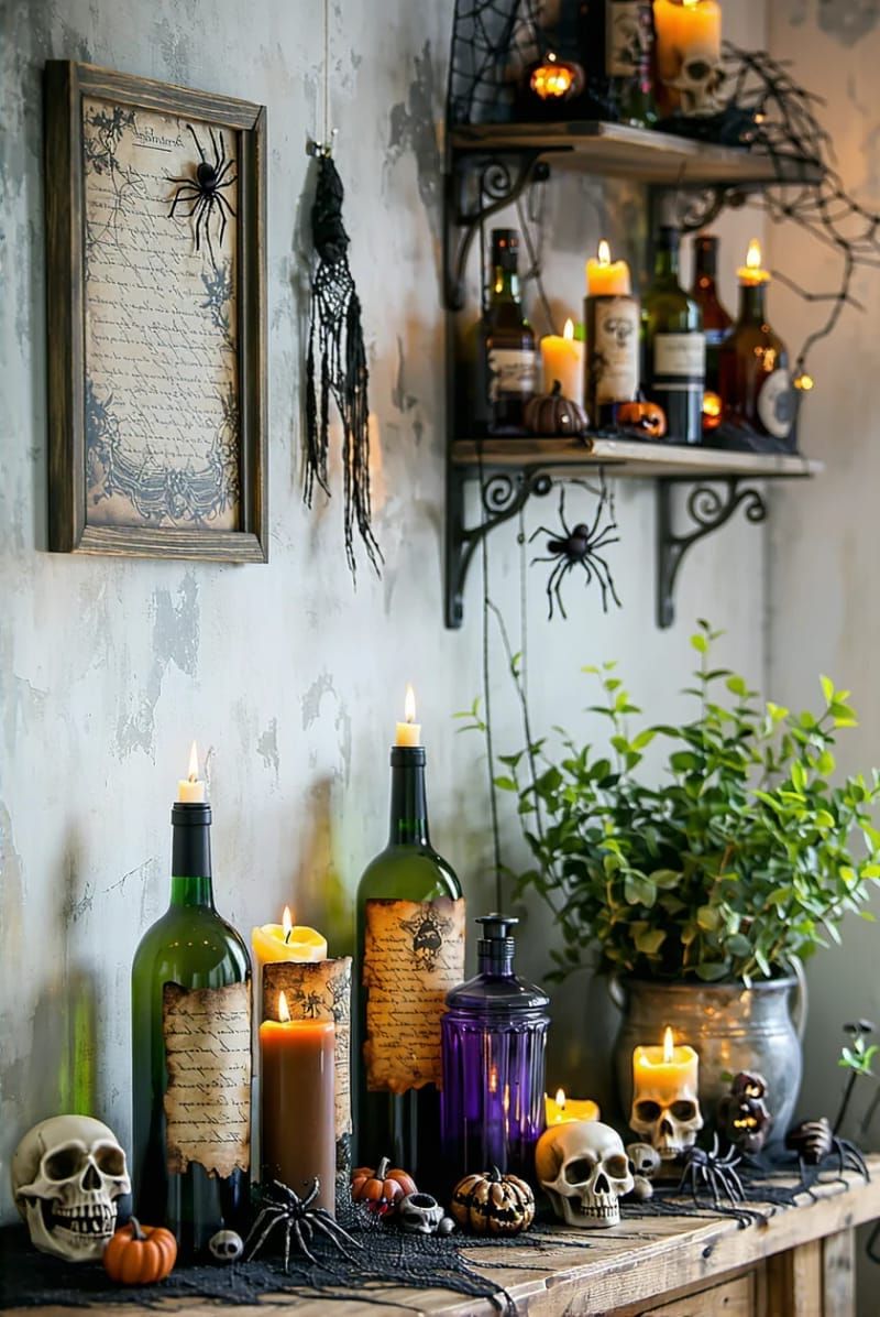 21 Spooky Hacks for Unique Halloween Home Decorations Ideas 29 potion bottle shelf with mysterious labels and flickering candles 1