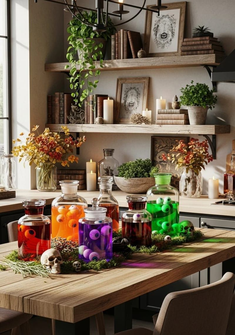 21 Spooky Hacks for Unique Halloween Home Decorations Ideas 5 vintage apothecary jars filled with eerie colored liquids and floating eyeballs 1