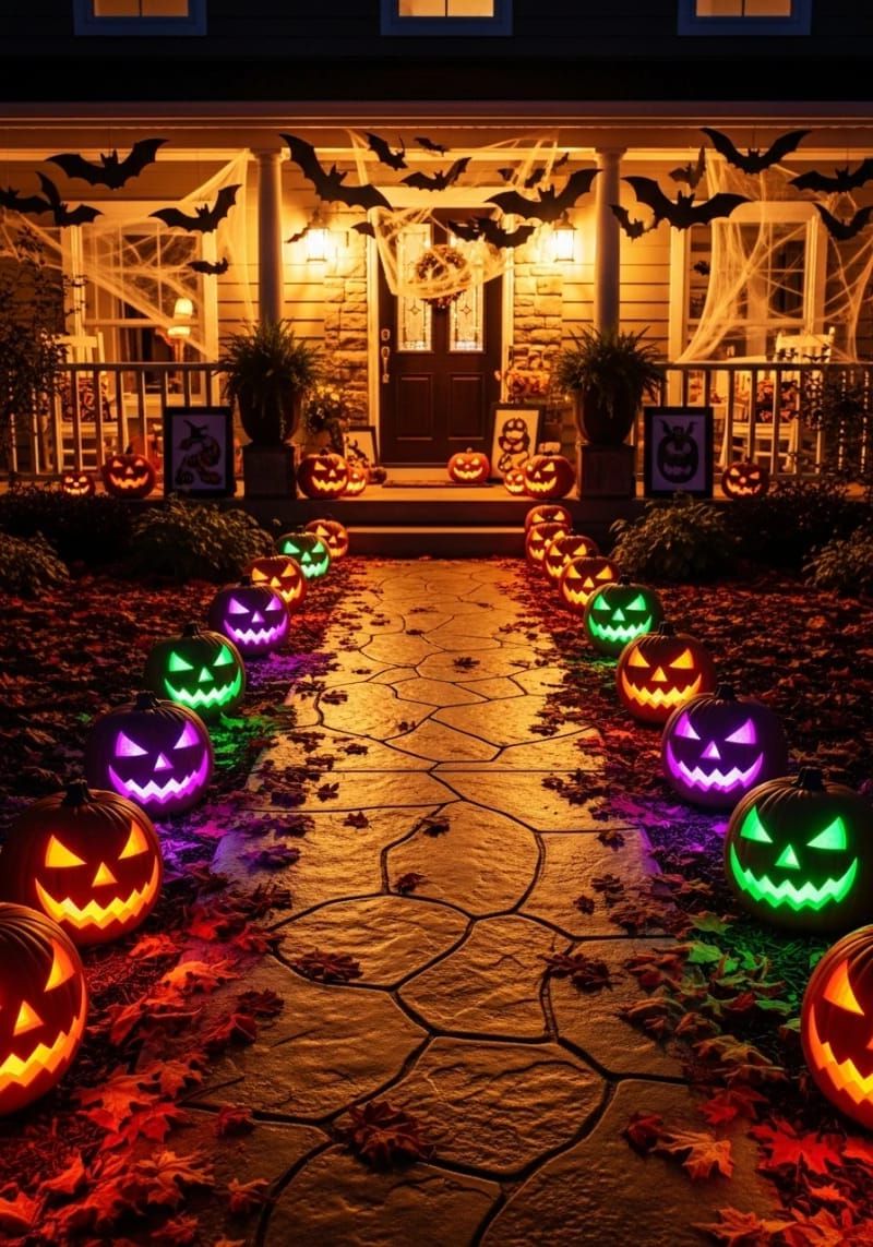 21 Spooky Hacks for Unique Halloween Home Decorations Ideas 58 illuminated jack-o’-lantern pathway using color-changing led candles 1