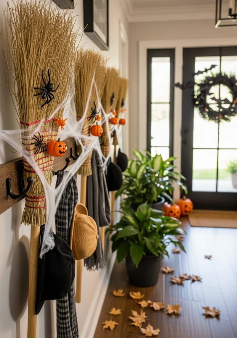 21 Spooky Hacks for Unique Halloween Home Decorations Ideas 36 upside-down broomsticks as entryway coat racks 1