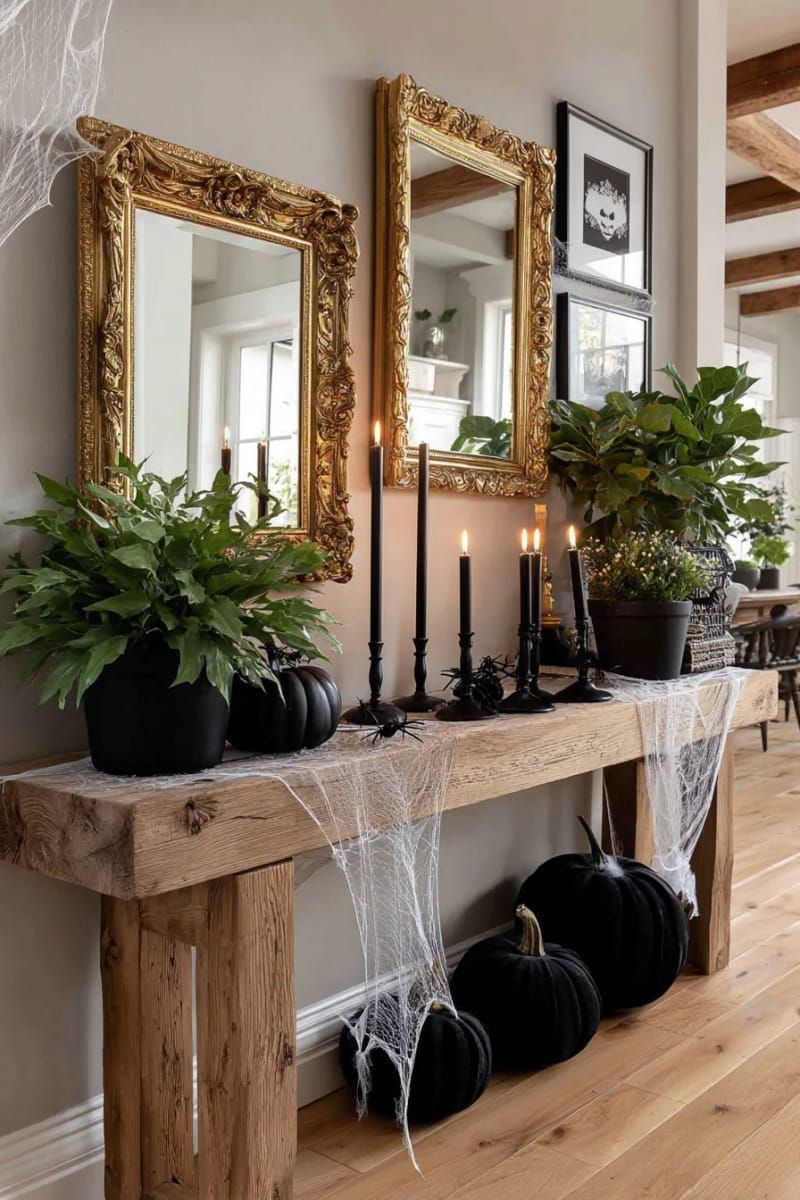 21 Spooky Hacks for Unique Halloween Home Decorations Ideas 32 cobweb-covered mirror gallery wall for a gothic glam vibe 1