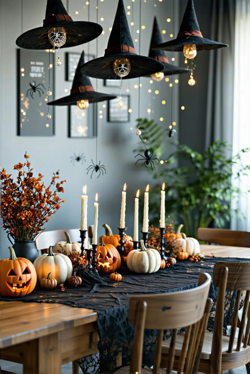 21 Spooky Hacks for Unique Halloween Home Decorations Ideas 2 floating witch hats with hidden led lights above the dining table 1