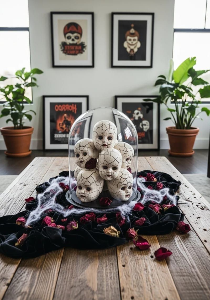 21 Spooky Hacks for Unique Halloween Home Decorations Ideas 18 creepy doll heads arranged in a glass display dome centerpiece 1