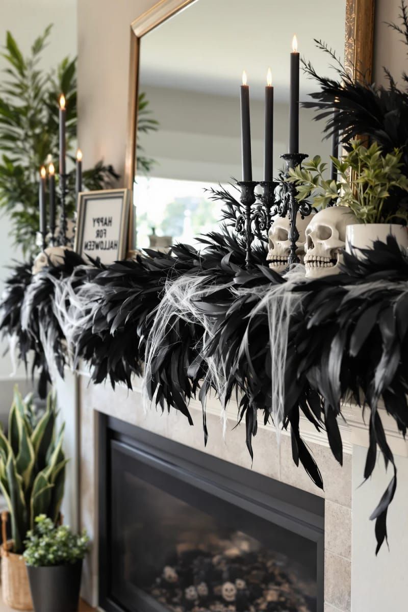 21 Spooky Hacks for Unique Halloween Home Decorations Ideas 40 mantel adorned with black feathers, skulls, and candelabras 1