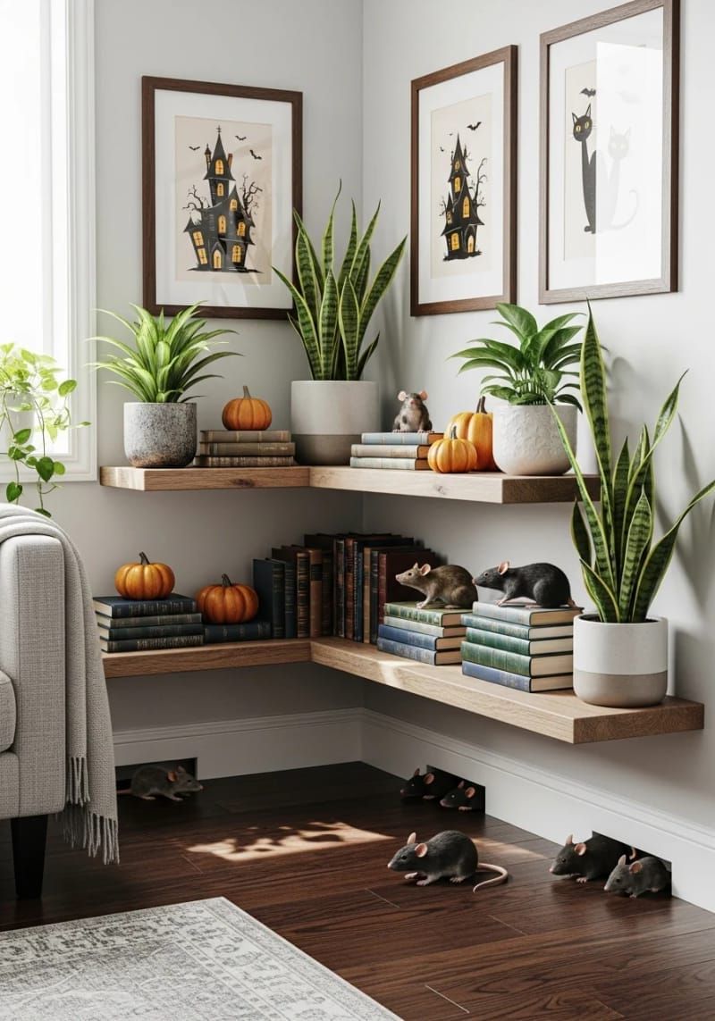 21 Spooky Hacks for Unique Halloween Home Decorations Ideas 46 fake mice and rats peeking out from baseboards and shelves 1