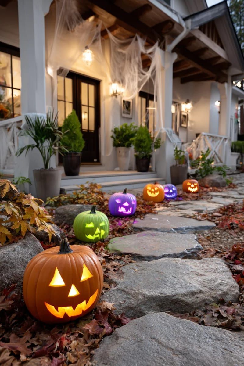 21 Spooky Hacks for Unique Halloween Home Decorations Ideas 59 illuminated jack-o’-lantern pathway using color-changing led candles 1