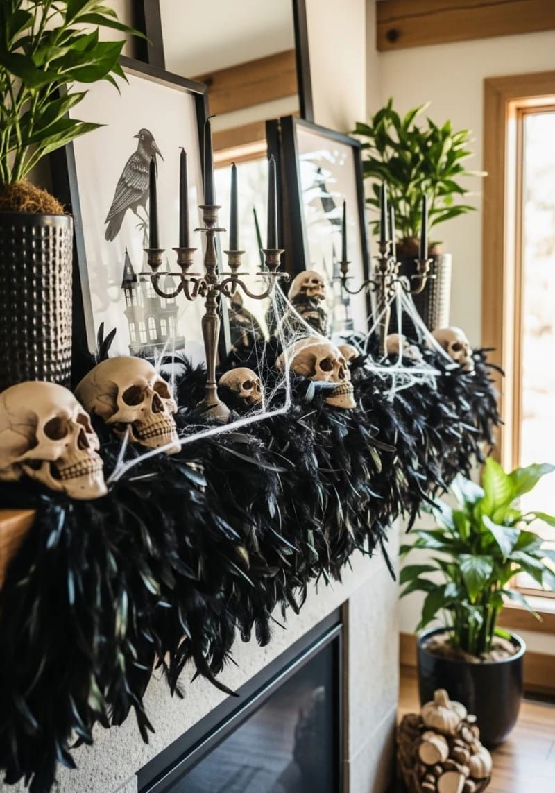 21 Spooky Hacks for Unique Halloween Home Decorations Ideas 42 mantel adorned with black feathers, skulls, and candelabras 1