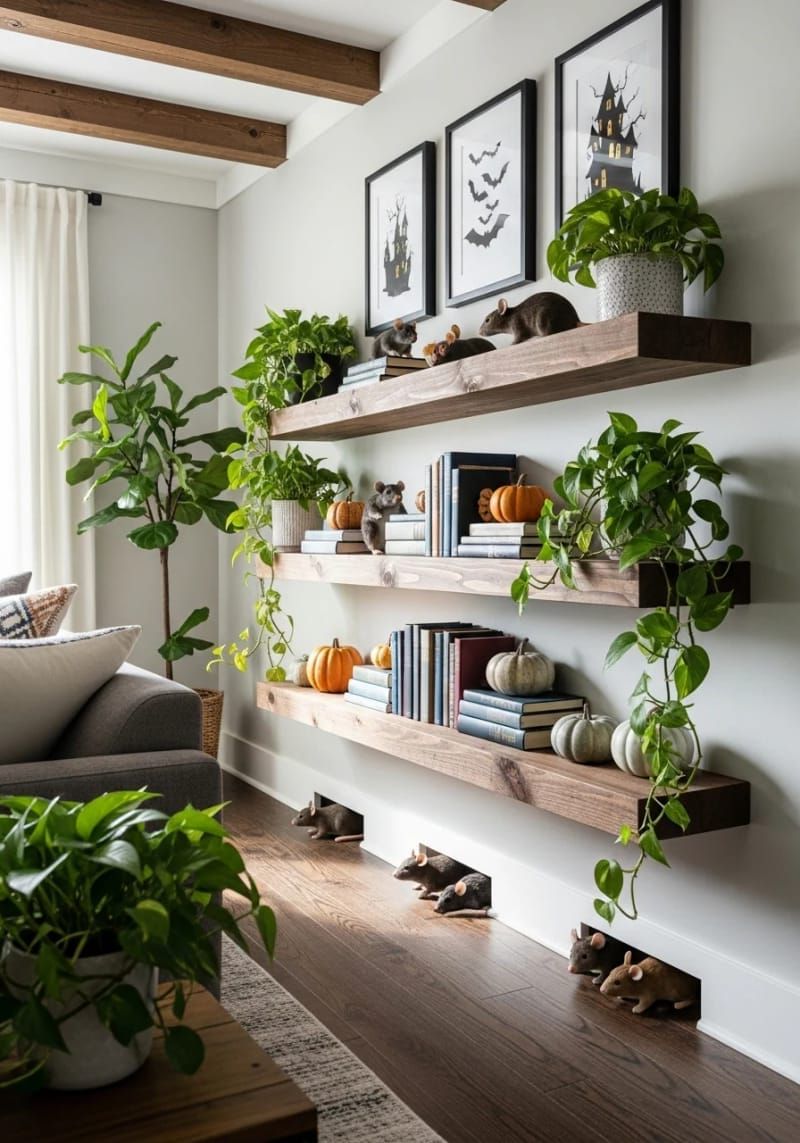 21 Spooky Hacks for Unique Halloween Home Decorations Ideas 48 fake mice and rats peeking out from baseboards and shelves 1