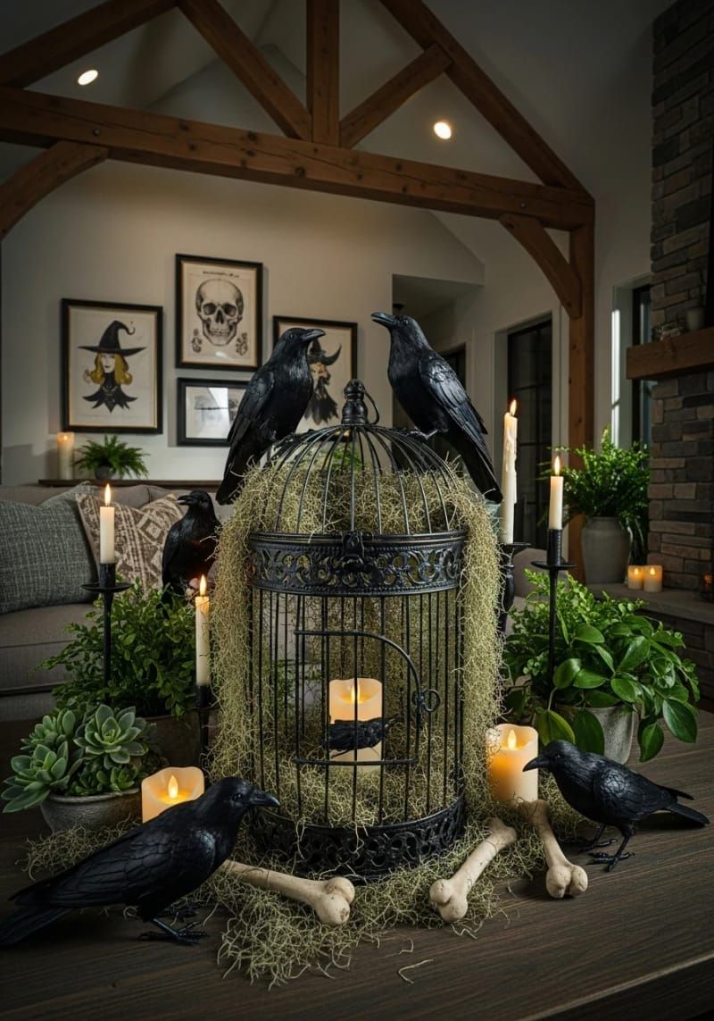 21 Spooky Hacks for Unique Halloween Home Decorations Ideas 54 upscaled haunted birdcage centerpiece with ravens and moss 1